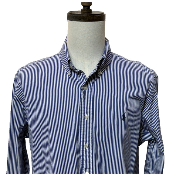 Ralph Lauren Shirt Mens XXL Blue White Striped Custom Fit Long Sleeve Preppy - Picture 1 of 10